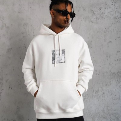 Erkek 3 İplik Pamuklu Kapüşonlu Baskılı Cepli Oversize Sweatshirt Hoodie - Beyaz