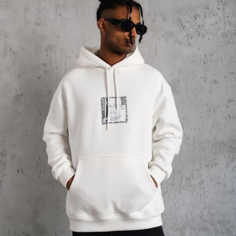 Erkek 3 İplik Pamuklu Kapüşonlu Baskılı Cepli Oversize Sweatshirt Hoodie - Beyaz