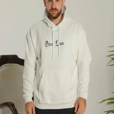 Erkek 3 İplik Pamuklu Kapüşonlu Baskılı Cepli Oversize Sweatshirt Hoodie - Beyaz