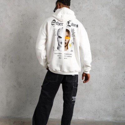 Erkek 3 İplik Pamuklu Kapüşonlu Baskılı Cepli Oversize Sweatshirt Hoodie - Beyaz