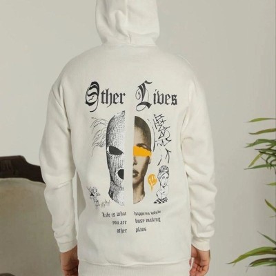 Erkek 3 İplik Pamuklu Kapüşonlu Baskılı Cepli Oversize Sweatshirt Hoodie - Beyaz