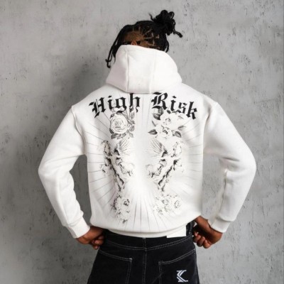 Erkek 3 İplik Pamuklu Kapüşonlu Baskılı Cepli Oversize Sweatshirt Hoodie - Beyaz