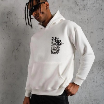 Erkek 3 İplik Pamuklu Kapüşonlu Baskılı Cepli Oversize Sweatshirt Hoodie - Beyaz