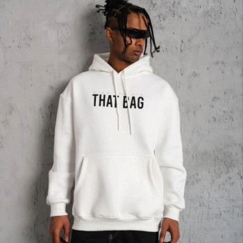 Erkek 3 İplik Pamuklu Kapüşonlu Baskılı Cepli Oversize Sweatshirt Hoodie - Beyaz