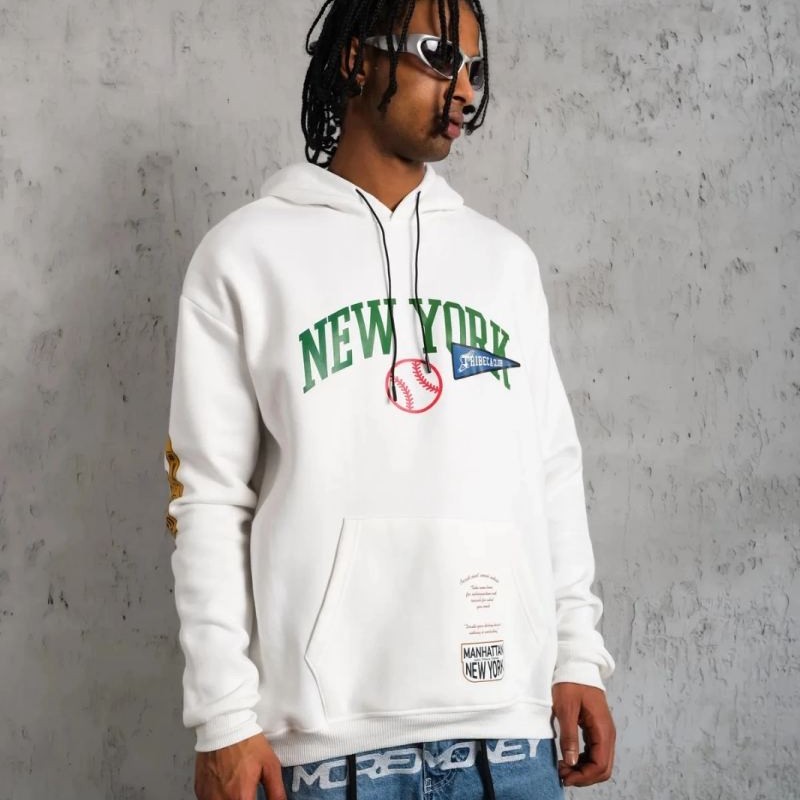 Erkek 3 İplik Pamuklu Kapüşonlu Baskılı Cepli Oversize Sweatshirt Hoodie - Beyaz
