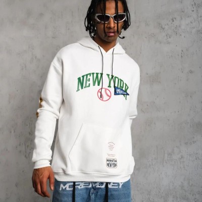 Erkek 3 İplik Pamuklu Kapüşonlu Baskılı Cepli Oversize Sweatshirt Hoodie - Beyaz