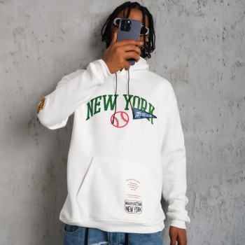 Erkek 3 İplik Pamuklu Kapüşonlu Baskılı Cepli Oversize Sweatshirt Hoodie - Beyaz