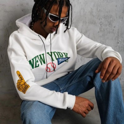 Erkek 3 İplik Pamuklu Kapüşonlu Baskılı Cepli Oversize Sweatshirt Hoodie - Beyaz