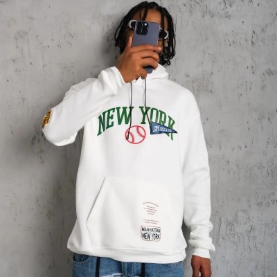 Erkek 3 İplik Pamuklu Kapüşonlu Baskılı Cepli Oversize Sweatshirt Hoodie - Beyaz