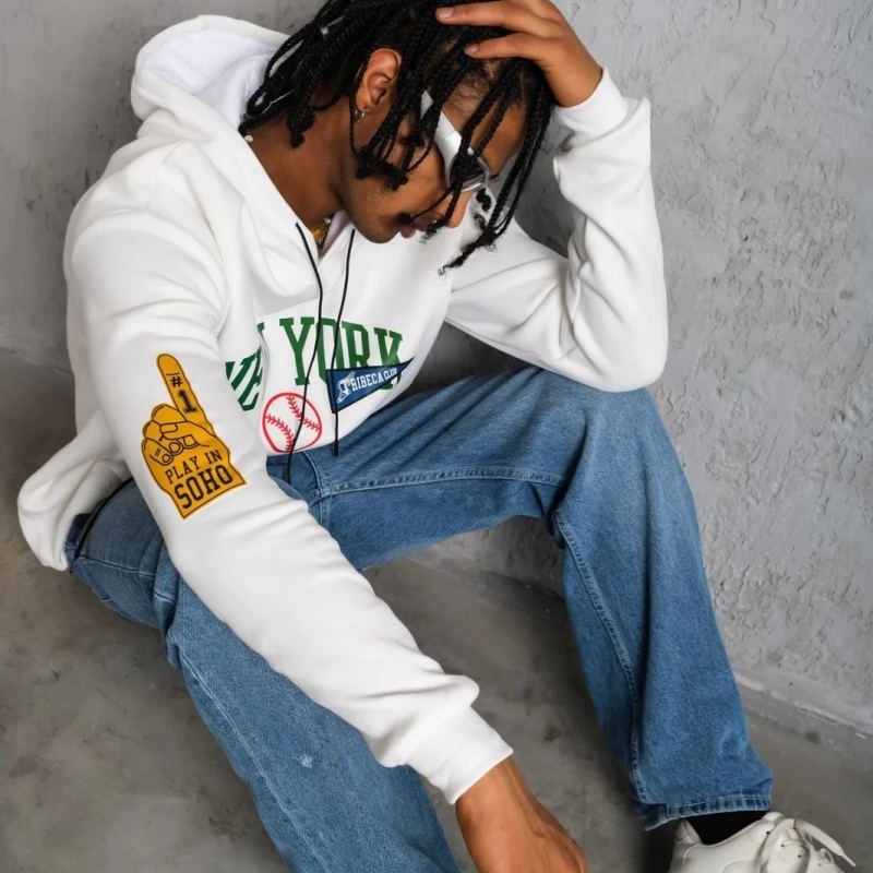 Erkek 3 İplik Pamuklu Kapüşonlu Baskılı Cepli Oversize Sweatshirt Hoodie - Beyaz