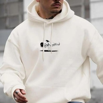 Erkek 3 İplik Pamuklu Kapüşonlu Baskılı Cepli Oversize Sweatshirt Hoodie - Beyaz