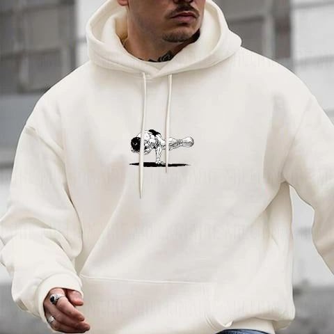 Erkek 3 İplik Pamuklu Kapüşonlu Baskılı Cepli Oversize Sweatshirt Hoodie - Beyaz