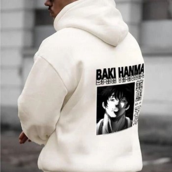 Erkek 3 İplik Pamuklu Kapüşonlu Baskılı Cepli Oversize Sweatshirt Hoodie - Beyaz