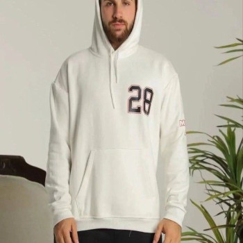 Erkek 3 İplik Pamuklu Kapüşonlu Baskılı Cepli Oversize Sweatshirt Hoodie - Beyaz