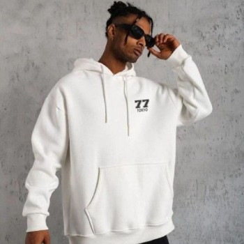 Erkek 3 İplik Pamuklu Kapüşonlu Baskılı Cepli Oversize Sweatshirt Hoodie - Beyaz