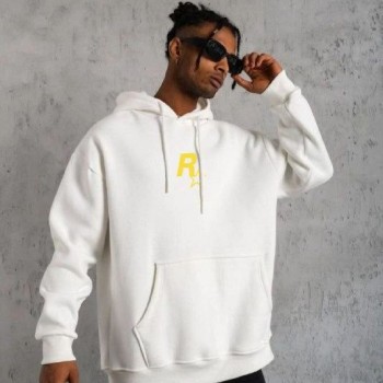 Erkek 3 İplik Pamuklu Kapüşonlu Baskılı Cepli Oversize Sweatshirt Hoodie - Beyaz