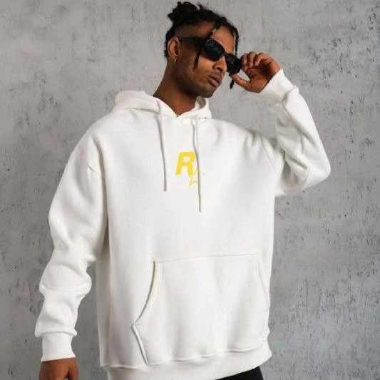 Erkek 3 İplik Pamuklu Kapüşonlu Baskılı Cepli Oversize Sweatshirt Hoodie - Beyaz