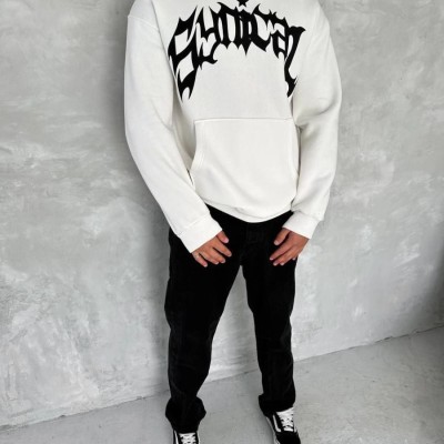 Erkek 3 İplik Pamuklu Kapüşonlu Baskılı Cepli Oversize Sweatshirt Hoodie - Beyaz