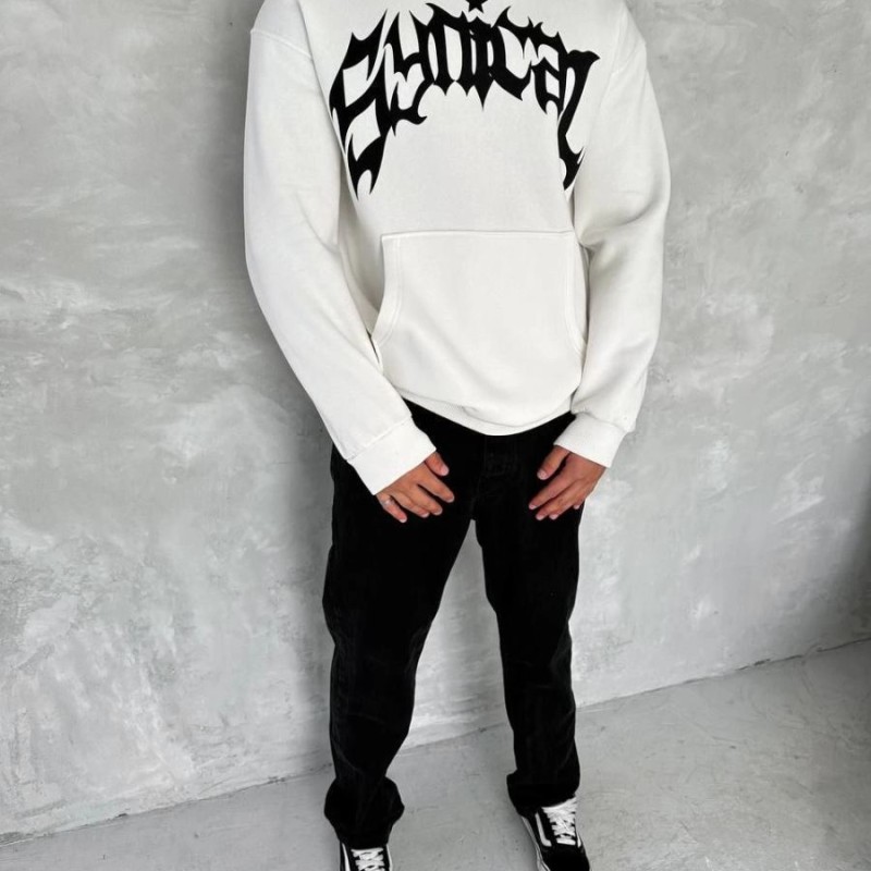 Erkek 3 İplik Pamuklu Kapüşonlu Baskılı Cepli Oversize Sweatshirt Hoodie - Beyaz
