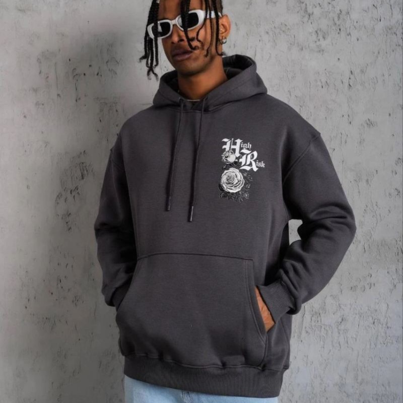 Erkek 3 İplik Pamuklu Kapüşonlu Baskılı Cepli Oversize Sweatshirt Hoodie - Füme