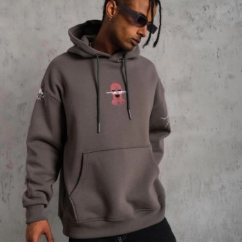 Erkek 3 İplik Pamuklu Kapüşonlu Baskılı Cepli Oversize Sweatshirt Hoodie - Gri
