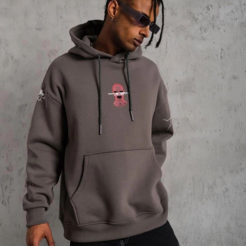 Erkek 3 İplik Pamuklu Kapüşonlu Baskılı Cepli Oversize Sweatshirt Hoodie - Gri