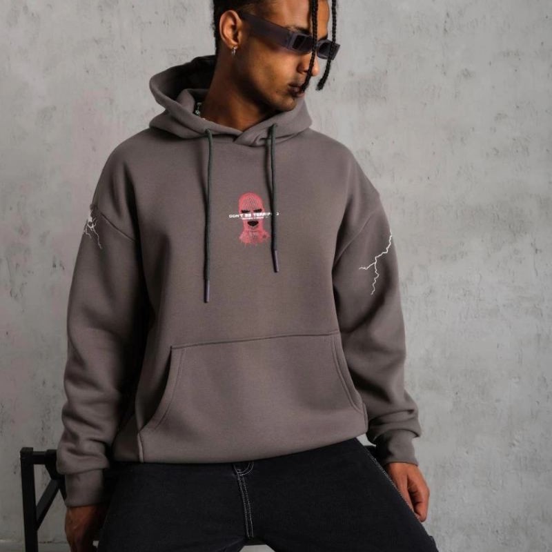 Erkek 3 İplik Pamuklu Kapüşonlu Baskılı Cepli Oversize Sweatshirt Hoodie - Gri