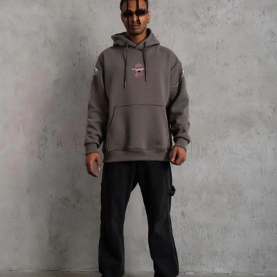 Erkek 3 İplik Pamuklu Kapüşonlu Baskılı Cepli Oversize Sweatshirt Hoodie - Gri