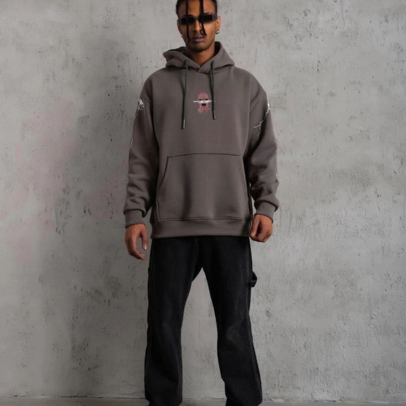 Erkek 3 İplik Pamuklu Kapüşonlu Baskılı Cepli Oversize Sweatshirt Hoodie - Gri