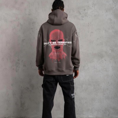 Erkek 3 İplik Pamuklu Kapüşonlu Baskılı Cepli Oversize Sweatshirt Hoodie - Gri