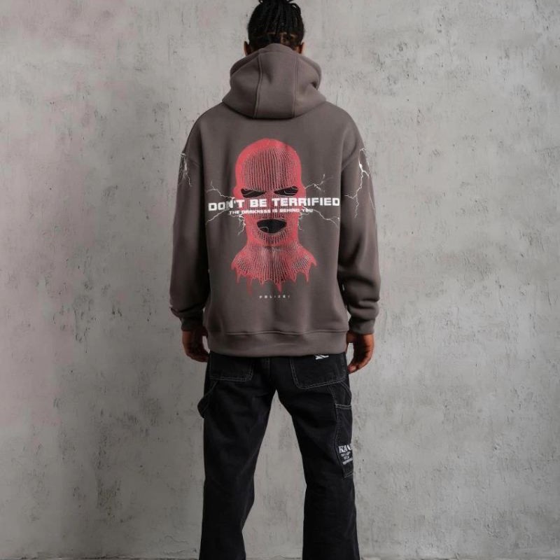 Erkek 3 İplik Pamuklu Kapüşonlu Baskılı Cepli Oversize Sweatshirt Hoodie - Gri