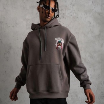 Erkek 3 İplik Pamuklu Kapüşonlu Baskılı Cepli Oversize Sweatshirt Hoodie - Gri