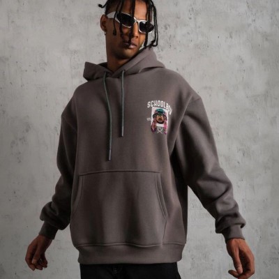 Erkek 3 İplik Pamuklu Kapüşonlu Baskılı Cepli Oversize Sweatshirt Hoodie - Gri