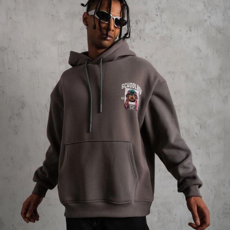 Erkek 3 İplik Pamuklu Kapüşonlu Baskılı Cepli Oversize Sweatshirt Hoodie - Gri