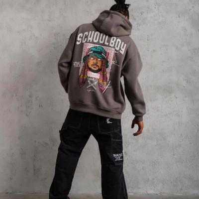 Erkek 3 İplik Pamuklu Kapüşonlu Baskılı Cepli Oversize Sweatshirt Hoodie - Gri
