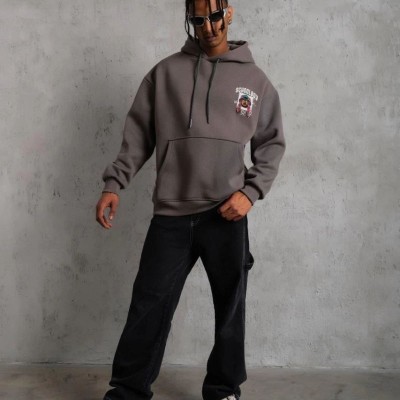 Erkek 3 İplik Pamuklu Kapüşonlu Baskılı Cepli Oversize Sweatshirt Hoodie - Gri