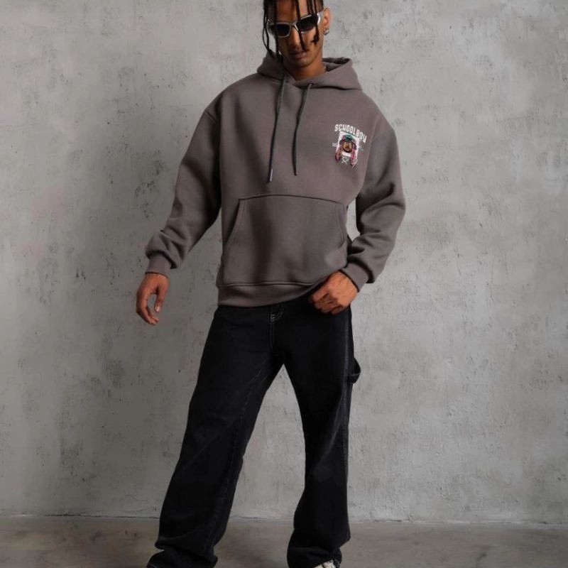 Erkek 3 İplik Pamuklu Kapüşonlu Baskılı Cepli Oversize Sweatshirt Hoodie - Gri