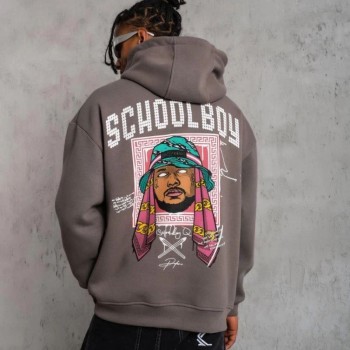Erkek 3 İplik Pamuklu Kapüşonlu Baskılı Cepli Oversize Sweatshirt Hoodie - Gri