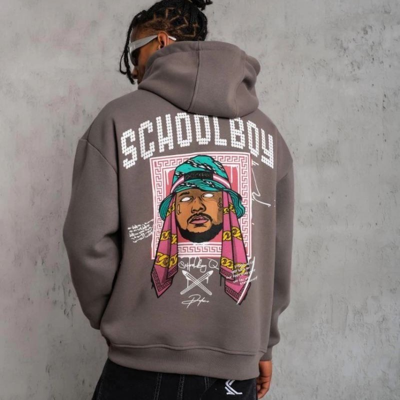 Erkek 3 İplik Pamuklu Kapüşonlu Baskılı Cepli Oversize Sweatshirt Hoodie - Gri