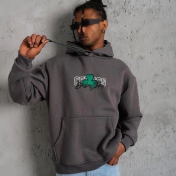 Erkek 3 İplik Pamuklu Kapüşonlu Baskılı Cepli Oversize Sweatshirt Hoodie - Gri