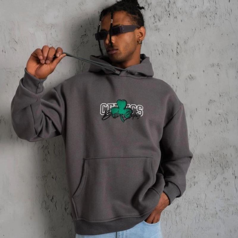 Erkek 3 İplik Pamuklu Kapüşonlu Baskılı Cepli Oversize Sweatshirt Hoodie - Gri