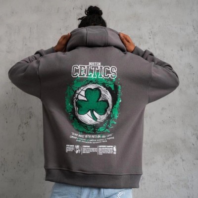 Erkek 3 İplik Pamuklu Kapüşonlu Baskılı Cepli Oversize Sweatshirt Hoodie - Gri