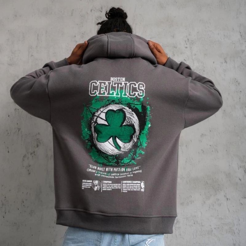 Erkek 3 İplik Pamuklu Kapüşonlu Baskılı Cepli Oversize Sweatshirt Hoodie - Gri