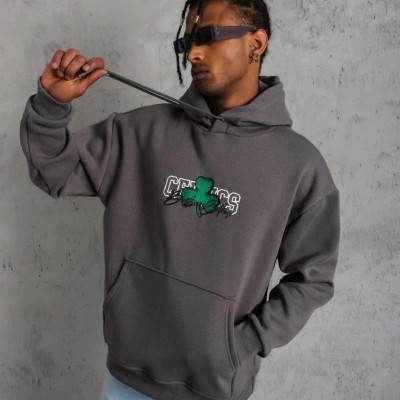 Erkek 3 İplik Pamuklu Kapüşonlu Baskılı Cepli Oversize Sweatshirt Hoodie - Gri