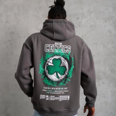 Erkek 3 İplik Pamuklu Kapüşonlu Baskılı Cepli Oversize Sweatshirt Hoodie - Gri