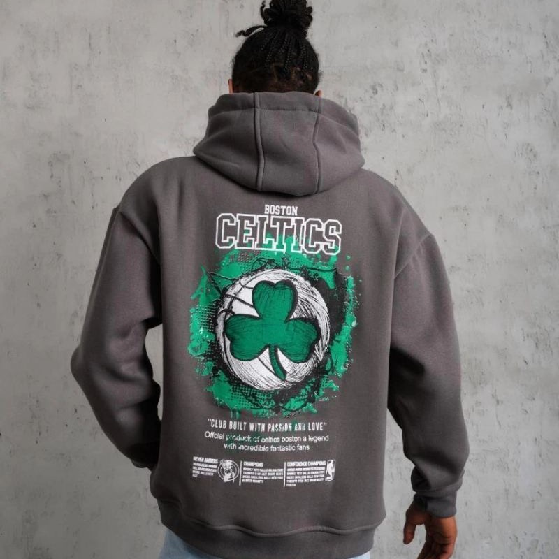Erkek 3 İplik Pamuklu Kapüşonlu Baskılı Cepli Oversize Sweatshirt Hoodie - Gri