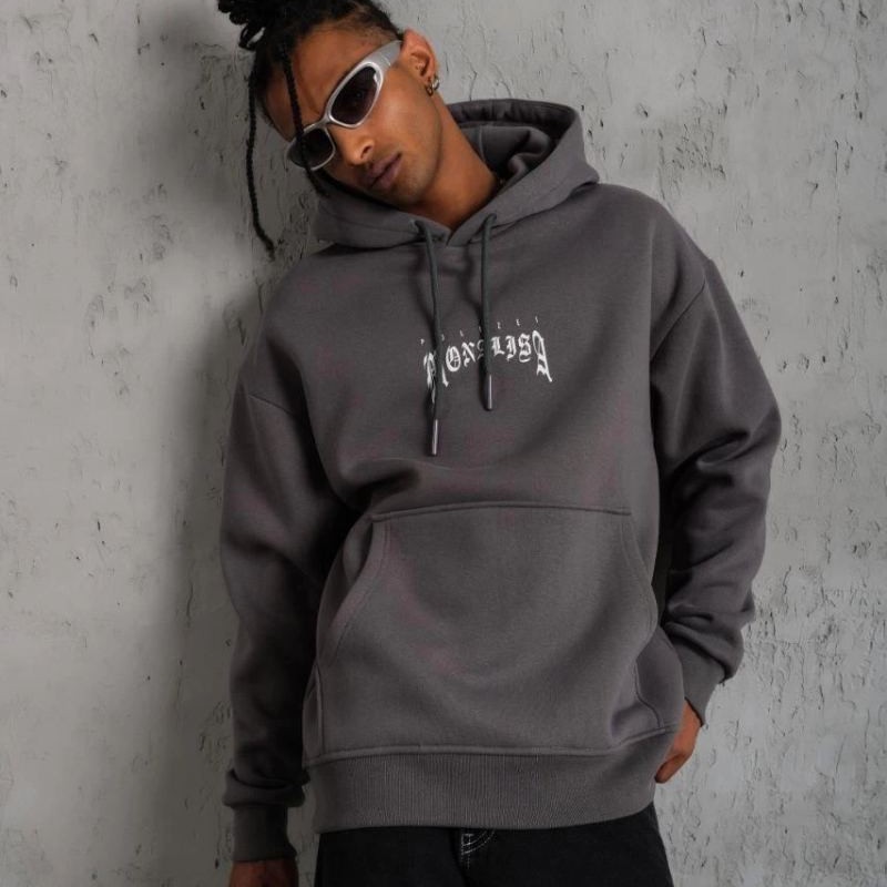 Erkek 3 İplik Pamuklu Kapüşonlu Baskılı Cepli Oversize Sweatshirt Hoodie - Gri