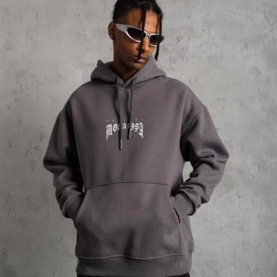 Erkek 3 İplik Pamuklu Kapüşonlu Baskılı Cepli Oversize Sweatshirt Hoodie - Gri