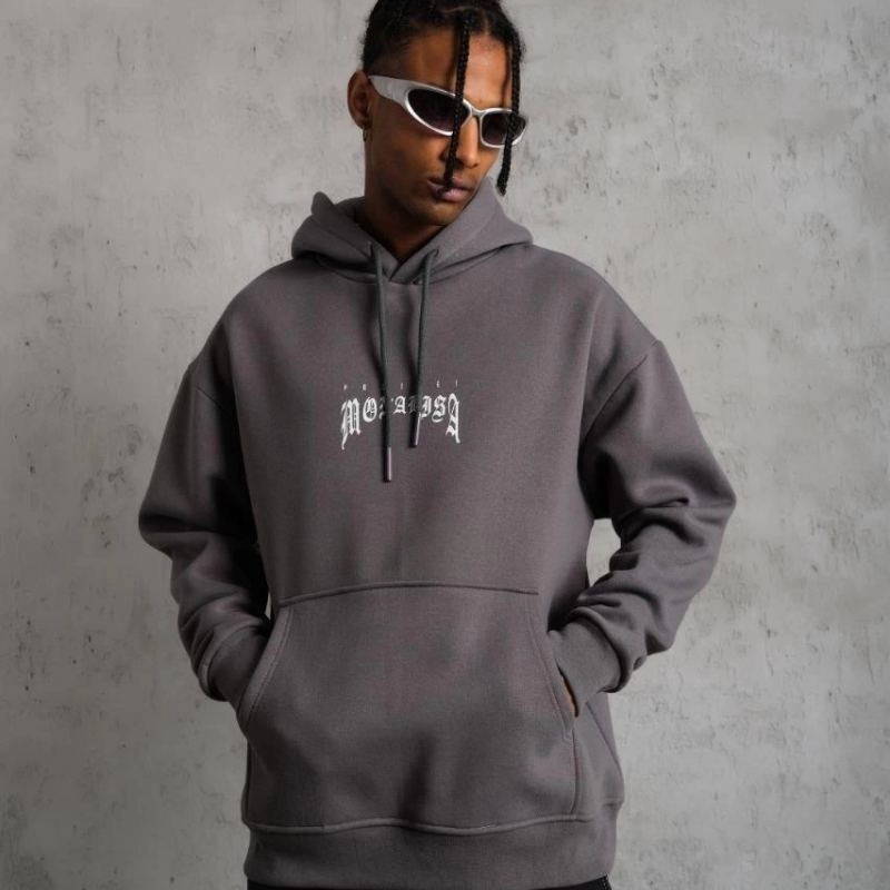 Erkek 3 İplik Pamuklu Kapüşonlu Baskılı Cepli Oversize Sweatshirt Hoodie - Gri