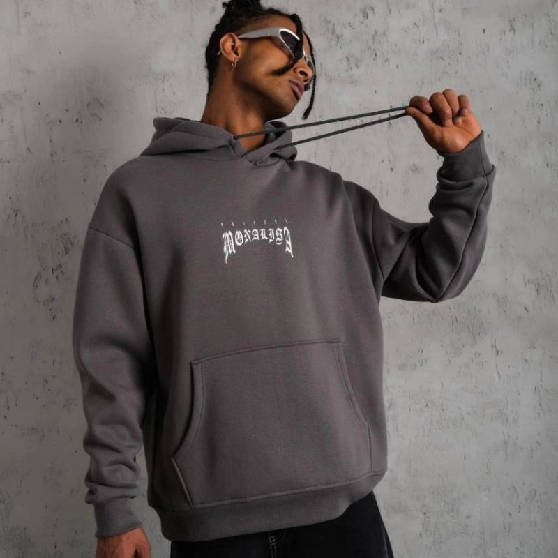 Erkek 3 İplik Pamuklu Kapüşonlu Baskılı Cepli Oversize Sweatshirt Hoodie - Gri